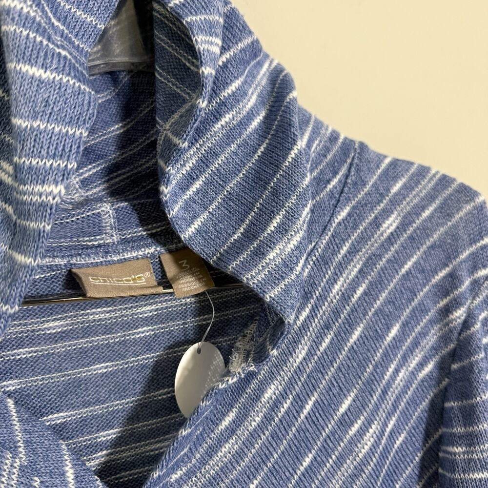 Chicos Top Size 3 US XL Blue Soft 3/4 Sleeves Hooded Tunic Striped New - Picture 3 of 5